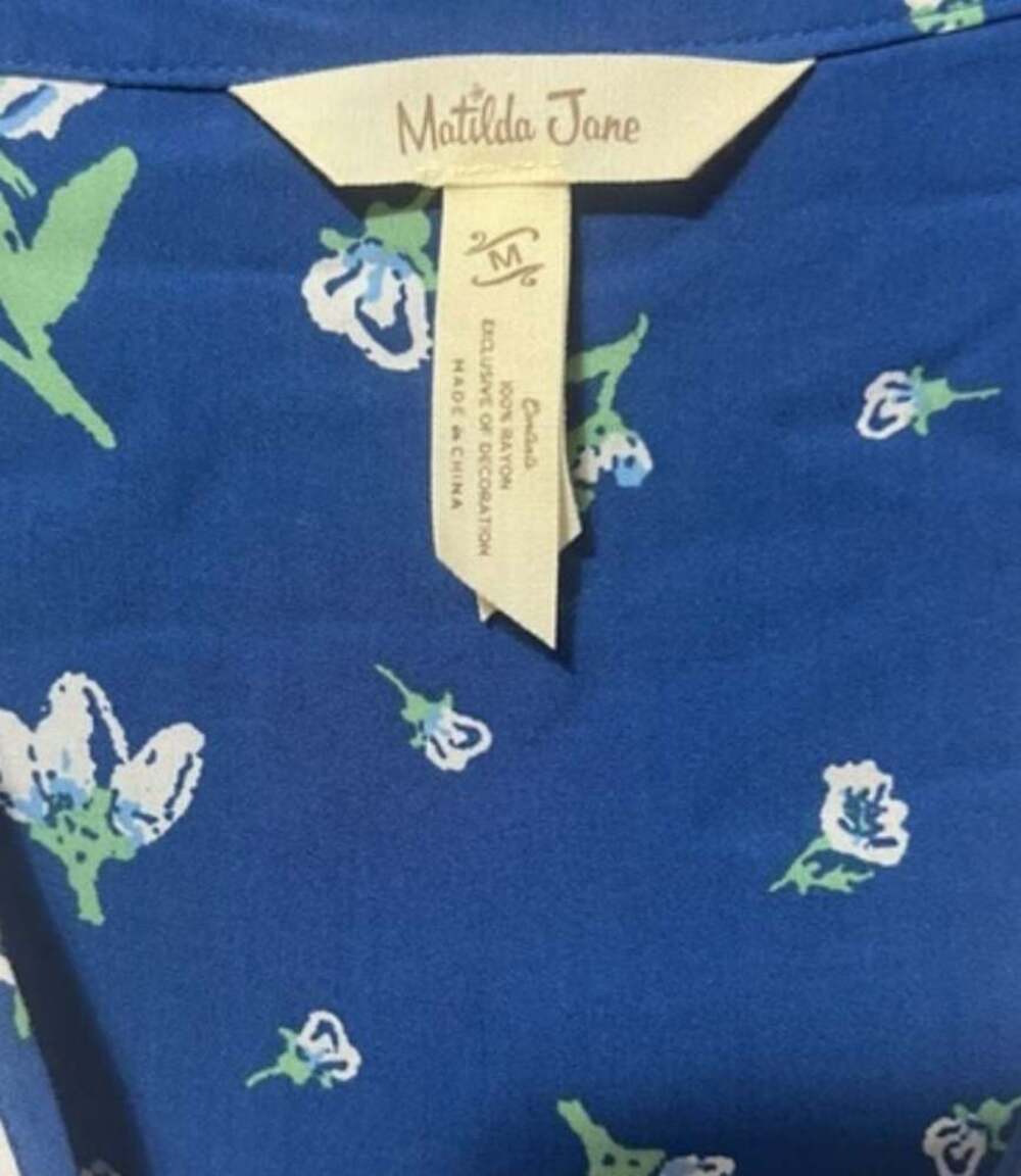 Matilda Jane Blue Floral Pleated Long Sleeve Shirt Dress Pockets M Women EUC - Picture 2 of 4